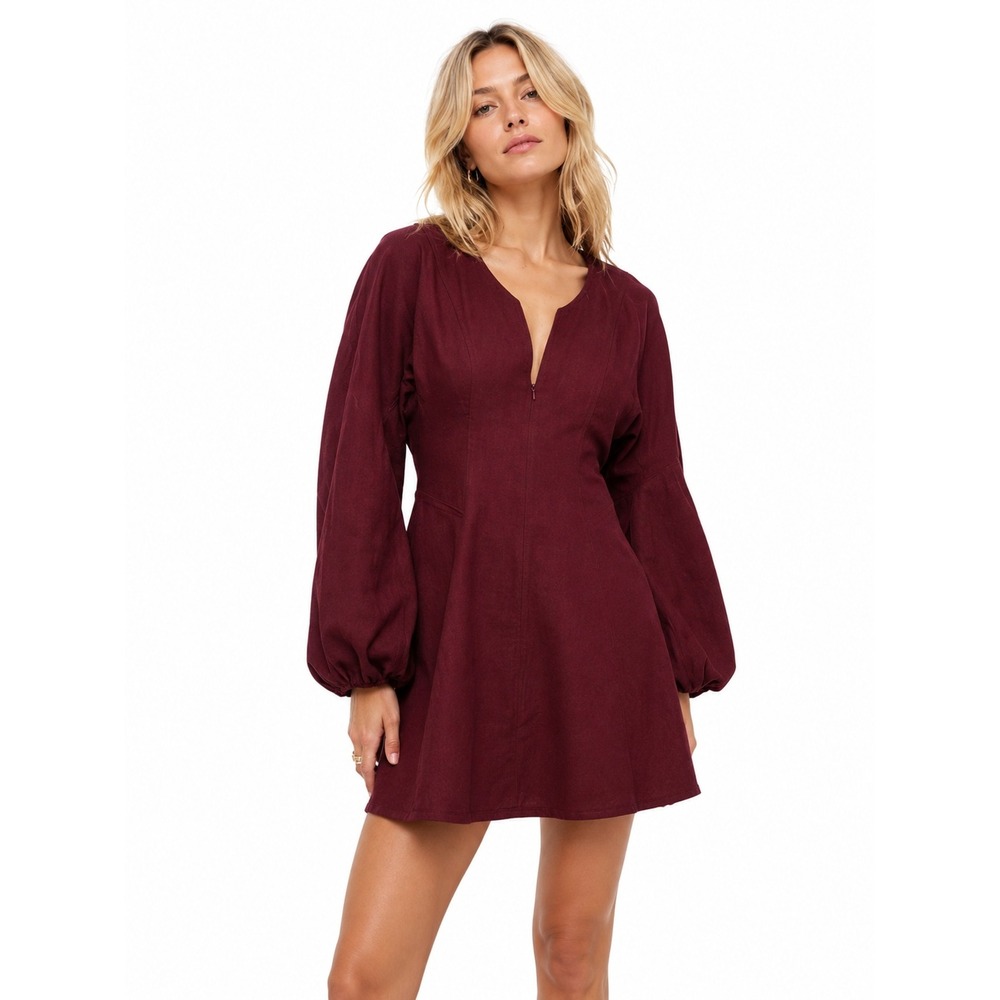 ASOS DESIGN balloon sleeve structured mini skater dress in burgundy - US 12